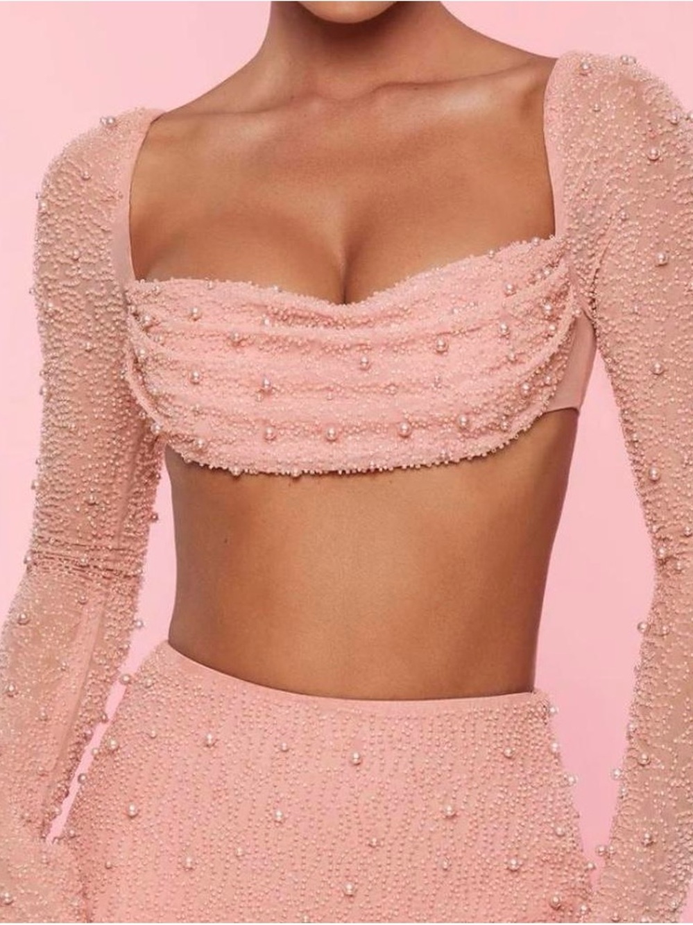 Oh Polly Pink Beaded Pearl Embellished Crop Top